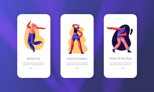 Disco Dance Leisure or Hobby Concept. Happy People Clubbing and Dancing at Nightclub, Nightlife Event Mobile App Page Onboard Screen Set for Website or Web Page, Cartoon Flat Vector Illustration