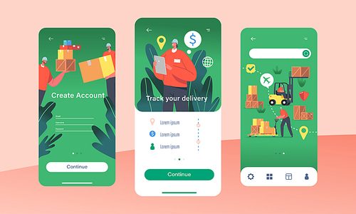 Delivery Service Mobile App Page Onboard Screen Template. Warehouse Workers Loading Goods with Lifters. Cargo Industrial Logistics, Merchandising Business Concept. Cartoon People Vector Illustration