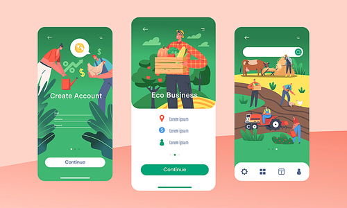 Eco Business Mobile App Page Onboard Screen Template. Farmers Characters Create Account for Retail Production, Gardeners Collecting Fruit and Vegetable Crop Concept. Cartoon People Vector Illustration