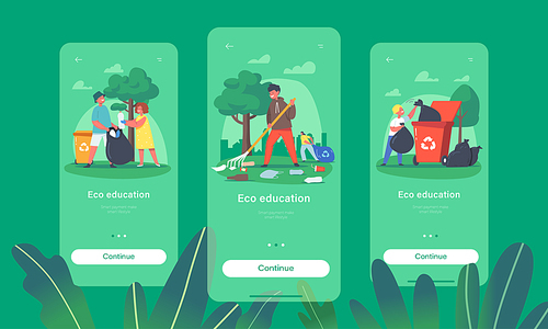 Eco Education Mobile App Page Onboard Screen Template. Children Characters Cleaning Garden. Ecology Protection, Social Volunteers Cleaning Garbage in Park Concept. Cartoon People Vector Illustration