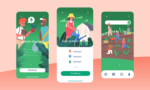 Eco School Online Mobile App Page Onboard Screen Template. Little Gardeners Boys or Girls Characters Planting and Caring of Plants. Children Gardening Work. Concept. Cartoon People Vector Illustration