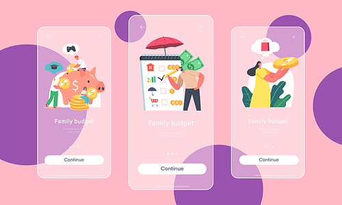 Family Budget Planning Mobile App Page Onboard Screen Template. People Earn and Save Money, Tiny Male and Female Characters Collect Coins into Huge Piggy Bank. Concept. Cartoon Vector Illustration