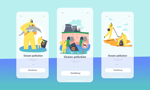 Ocean Oil Pollution Mobile App Page Onboard Screen Template. Volunteer Characters in Protective Suits and Gas Masks Cleaning Sea, Ecological Catastrophe Concept. Cartoon People Vector Illustration
