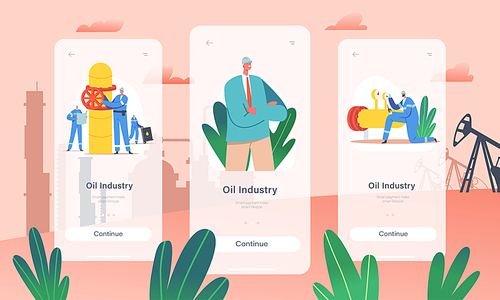 Oil Industry Mobile App Page Onboard Screen Template. Gasmen and Engineers Characters Stand at Gas Facility Station Pipe Line at Plant. Gas Service Workers Concept. Cartoon People Vector Illustration