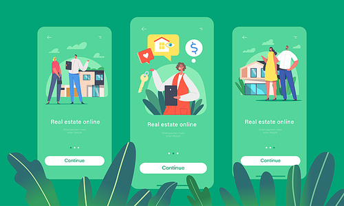 Real Estate Online Mobile App Page Onboard Screen Template. Client Characters Choose Home for Mortgage, Rent or Buying, Realtor Selling Property, Deal Concept. Cartoon People Vector Illustration