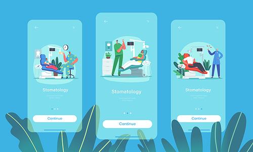 Stomatology Mobile App Page Onboard Screen Template. Dentist Check Up Procedure. Adult and Children Patients Lying in Medical Chair in Stomatologist Cabinet Concept. Cartoon People Vector Illustration