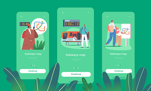 People Use Map in Metro Mobile App Page Onboard Screen Template. Characters at Subway Station with Train, Escalator, Map, Clock and Digital Display, City Commuter Concept. People Vector Illustration