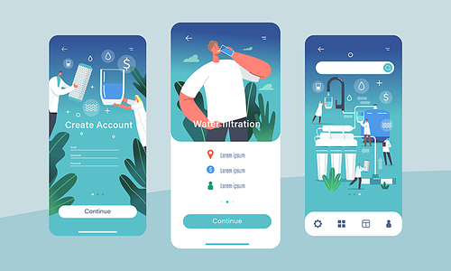 Water Filtration Equipment Mobile App Page Onboard Screen Template. Tiny Scientist Characters Use Huge Aqua Filter Jug for Cleaning and Purification Water Concept. Cartoon People Vector Illustration
