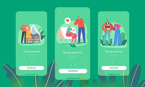 Young Parents Mobile App Page Onboard Screen Template. Loving Mother and Father with Baby. Family Characters Holding Child on Hands, Love Parenthood Concept. Cartoon People Vector Illustration