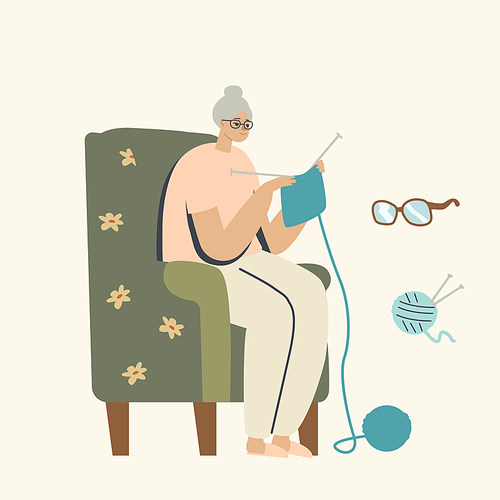 Senior Woman Sitting on Armchair in Living Room Knitting Clothing, Aged Granny Female Character Handcraft Hobby Spare Time at Home. Grandmother Enjoying Knitwork Leisure. Linear Vector Illustration