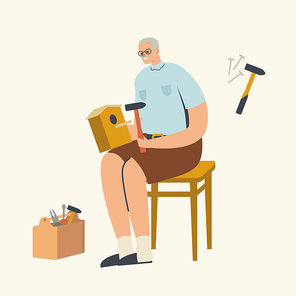 Senior Male Character Making Birdhouse. Grandfather Sitting on Stool Make House for Birds of Wood Using Carpentry Instruments. Aged Man Hobby, Leisure Activity. Linear People Vector Illustration