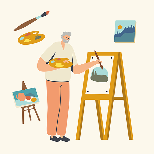 Senior Man Artist Hobby. Old Male Painter Character Hold Paintbrush in Hand in Front of Canvas on Easel Drawing with Oil Paints, Aged People Creative Occupation, Leisure. Linear Vector Illustration