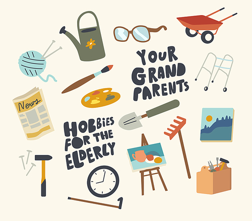 Set of Icons Senior Hobbies Theme. Gardening, Painting and Reading News. Watering Can. Wheelbarrow and Easel, Rake, Paint Brush and Palette with Newspaper and Working Tools. Linear Vector Illustration