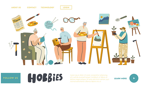 Senior Male Female Characters Spend Time at Home Engaging Hobby Landing Page Template. Making Birdhouse, Painting, Knitting and Gardening. Elderly Men and Women Fun. Linear People Vector Illustration