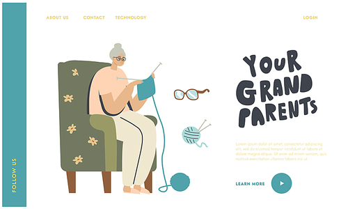 Grandmother Enjoying Knitwork Landing Page Template. Senior Woman Sitting on Armchair Knitting Clothing, Aged Granny Female Character Handcraft Hobby Spare Time at Home. Linear Vector Illustration