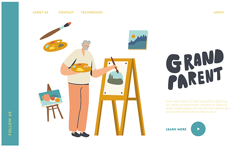 Senior Man Artist Hobby Landing Page Template. Old Male Painter Character Hold Paintbrush in Hand in Front of Easel Drawing with Paints, Aged People Creative Occupation. Linear Vector Illustration