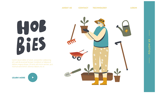 Senior Woman Gardening or Farming Hobby Landing Page Template. Aged Female Character Caring of Home Plants in Pots. Old Lady Holding Potted Flower Enjoying Care of Plants. Linear Vector Illustration