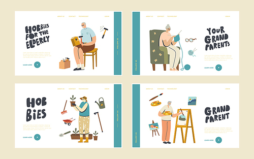Senior Characters Spend Time at Home Engaging Hobby Landing Page Template Set. Making Birdhouse, Painting, Knitting and Gardening. Elderly Men and Women Fun. Linear People Vector Illustration