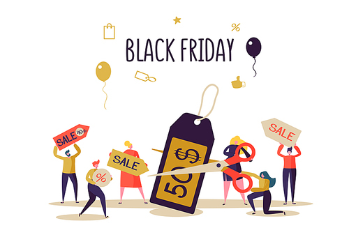 Black Friday Sale Event. Flat People Characters on Shopping. Big Discount, Promo Concept, Advertising Poster, Banner. Vector illustration