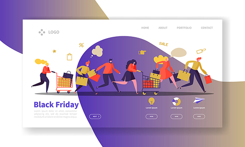 Black Friday Landing Page Template. Seasonal Discount Website Layout with Flat People Characters with Shopping Bags. Easy to Edit and Customize Mobile Web Site. Vector illustration