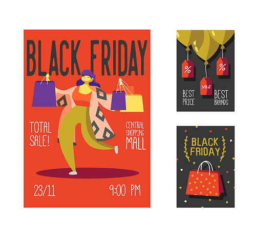 Black Friday Sale Poster, Flyer, Placard. Shop Holiday Promotion Event Brochure with Woman and Shopping Bags. Big Discount Banner. Vector illustration