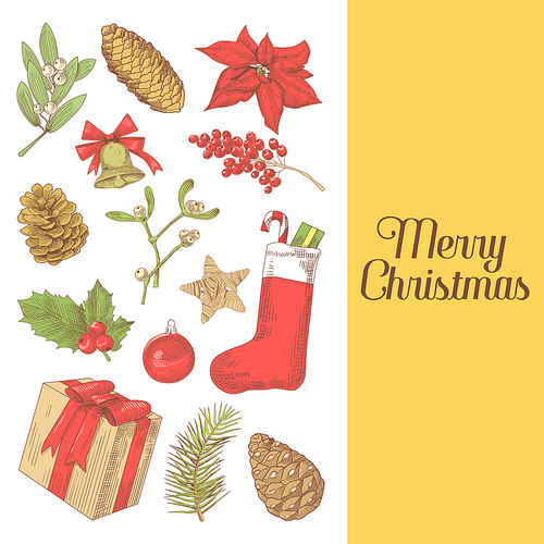 Merry Christmas Greeting Card. New Year Hand Drawn Decoration. Winter Holidays Background. Vector illustration