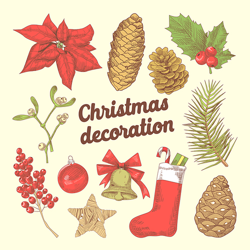 Merry Christmas Hand Drawn Decoration Doodle with Fir Branches, Sock with Candies and Cones. Vector illustration