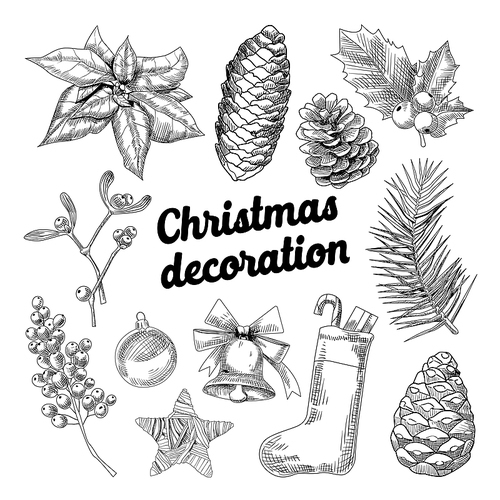 Merry Christmas Hand Drawn Decoration Doodle with Fir Branches, Sock with Candies and Cones Outlined. Vector illustration
