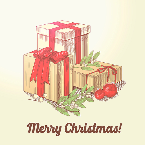 Merry Christmas Hand Drawn Greeting Card with Presents. Happy New Year Postcard with Gift Boxes. Vector illustration