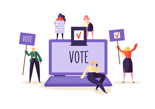 E-voting Concept with Characters Voting Using Laptop via Electronic Internet System. Man and Woman Give Vote into the Ballot Box. Vector illustration