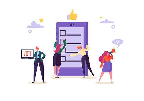 E-voting Concept with Characters Voting Using Laptop via Electronic Internet System. Man and Woman Give Vote into the Ballot Box. Vector illustration