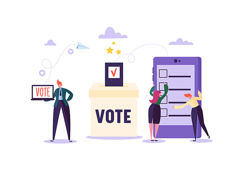 E-voting Concept with Characters Voting Using Laptop and Tablet via Electronic Internet System. Man and Woman Give Vote into the Ballot Box. Vector illustration