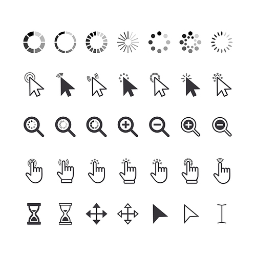 Set of Icons Cursor Pointers, Click Arrows, Fingers, Magnifiers and Hourglass Clocks. Graphic Elements for Website Navigation, Pointing Pictograms Isolated on White Background. Vector Illustration
