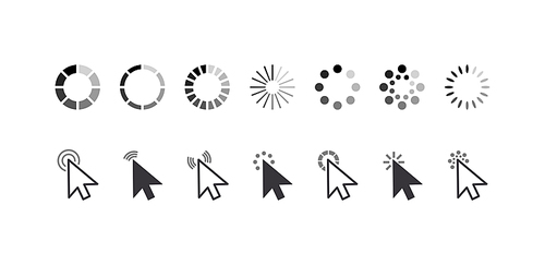 Set of Icons Cursor Pointers, Click Arrows, and Loading Process Circles. Graphic Elements for Website Navigation, Monochrome Pointing Pictograms Isolated on White Background. Vector Illustration