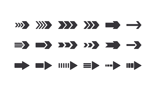 Set of Arrow Icons, Graphic Design Elements for Website Navigation, Right Direction Pointing Signs, Next Step, Simple Pictogram of Different Design Isolated on White Background. Vector Illustration