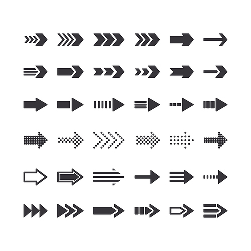 Set of Directional Arrow Monochrome Signs. Right Direction Icons, Next Step Graphic Design Elements for Website Navigation, Black Colored Pictograms Isolated on White Background. Vector Illustration