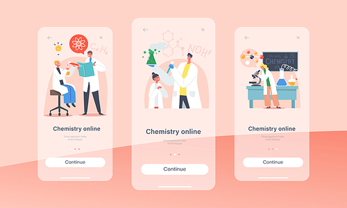 Chemistry Online Mobile App Page Onboard Screen Template. Schoolkids Conduct Experiment in Class. Researchers Characters on Lesson in Classroom with Teacher Concept. Cartoon People Vector Illustration