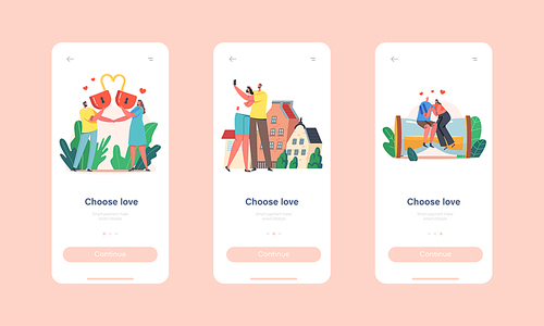 Choose Love Mobile App Page Onboard Screen Template. Loving Characters with Heart Lock, Sit on Huge Hourglass, Romantic Dating. Happy Couples Relationship Concept. Cartoon People Vector Illustration