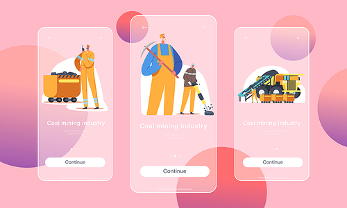 Coal Mining Industry Mobile App Page Onboard Screen Template. Miner Characters Working on Quarry with Tools, Transport and Technique. Minerals Extraction Concept. Cartoon People Vector Illustration