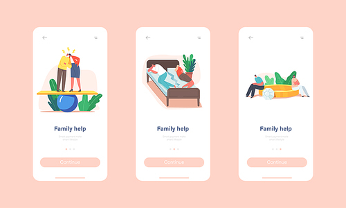 Family Help Mobile App Page Onboard Screen Template. Spouse Characters Couple in Troubles, Quarrel, Husband and Wife Scandal, Sleep on Cracked Bed, Swear Concept. Cartoon People Vector Illustration