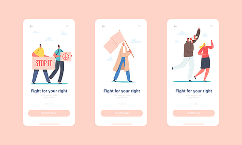 People Fight for the Rights Mobile App Page Onboard Screen Template. Characters Protesting with Placards and Signboard on Revolution Strike or Demonstration, Riot Concept. Cartoon Vector Illustration