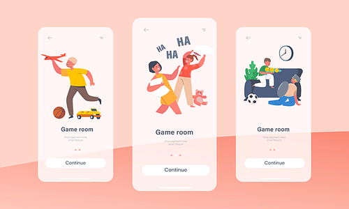 Game Room Mobile App Page Onboard Screen Template. Naughty Hyperactive Children Fight, Little Girls and Boys Playing, Making Mess, Kids Characters Fooling Concept. Cartoon People Vector Illustration