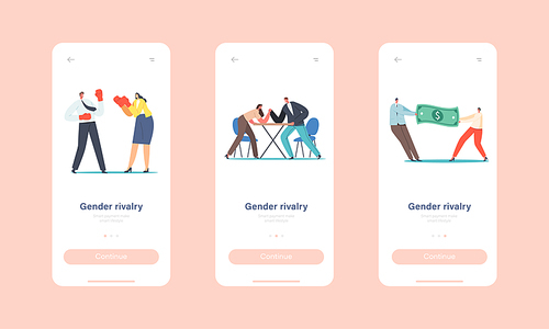 Gender Rivalry, Competition, Leadership Mobile App Page Onboard Screen Template. Male and Female Characters Battle and Fight, Man and Woman Struggle Concept. Cartoon People Vector Illustration