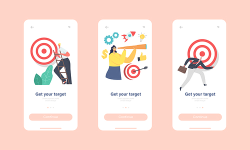 Get your Target Mobile App Page Onboard Screen Template. Tiny Characters Trying to Reach Huge Aim. Business Goal Achievement, Challenge and Task Solution Concept. Cartoon People Vector Illustration