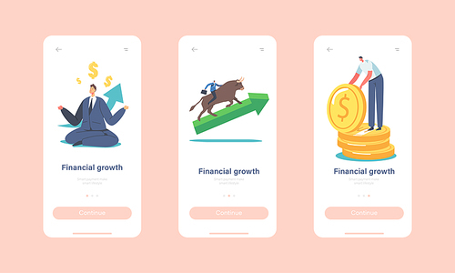 Financial Growth Mobile App Page Onboard Screen Template. People Trading on Bull Stock Market. Brokers or Traders Characters Buying and Selling Bonds Concept. Cartoon People Vector Illustration