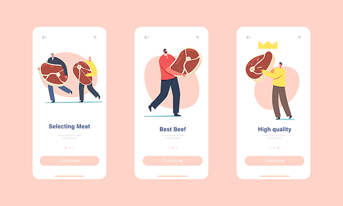 High Quality Meat Mobile App Page Onboard Screen Template. Tiny Characters with Huge Beef or Pork Steak, Butchery Production, People Buying or Preparing Fresh Meat Concept. Cartoon Vector Illustration