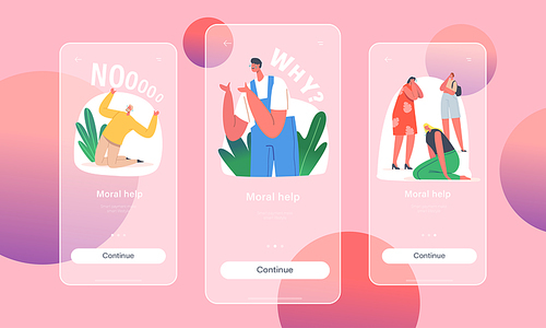 Moral Help Mobile App Page Onboard Screen Template. Characters Feel Unhappy Emotion, Yell, Cry, Feeling Anxiety and Depression Life or Work Problems Concept. Cartoon People Vector Illustration