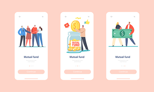 Mutual Fund Mobile App Page Onboard Screen Template. Office Colleagues Characters Join Hands, Businessman Put Gold Coin into Huge Glass Jar, Financial Help Concept. Cartoon People Vector Illustration