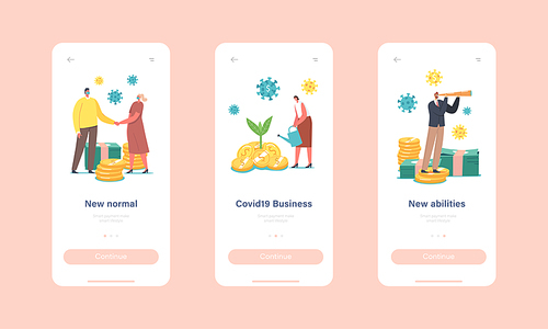 New Normals Mobile App Page Onboard Screen Template. Economic Restoration after Covid19 Outbreak Crisis, Characters Business Opportunity during Coronavirus Concept. Cartoon People Vector Illustration