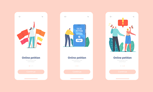 Online Petition Mobile App Page Onboard Screen Template. Tiny Characters near Huge Smartphone Yell to Megaphone Call to Sign Collective Public Appeal Concept. Cartoon People Vector Illustration